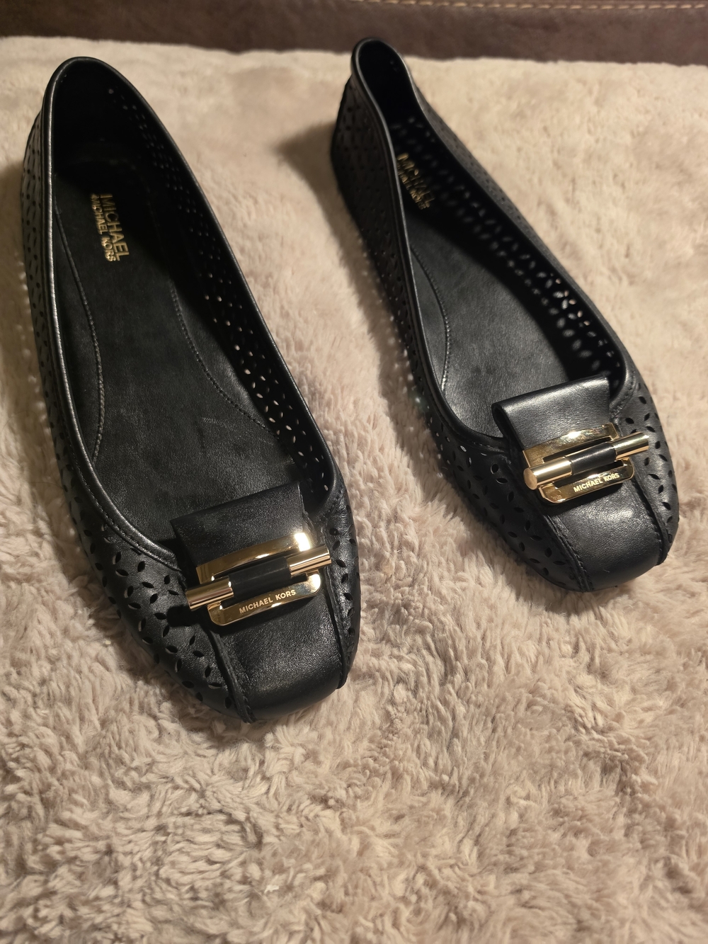 Michael Kors Black Leather Ballet Flats with Gold Buckle Accent Size 9M